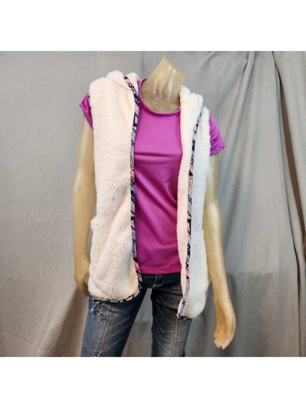 Style Rack White Fleece Colorful Trim Hooded Vest Cardigan Jacket SMALL